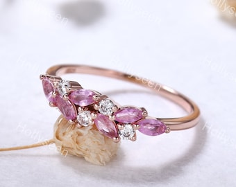 Dainty Pink Sapphire Wedding Ring Rose Gold September Birthstone Ring Natural Pink Gemstone Ring Cluster Stones Ring Unique Gift for Her