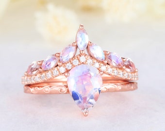 Pear Shaped Rainbow Moonstone Ring Set Rose Gold Filigree Ring Set Marquise Moonstone Wedding Band Women Bridal Engagement Ring Sets Vintage