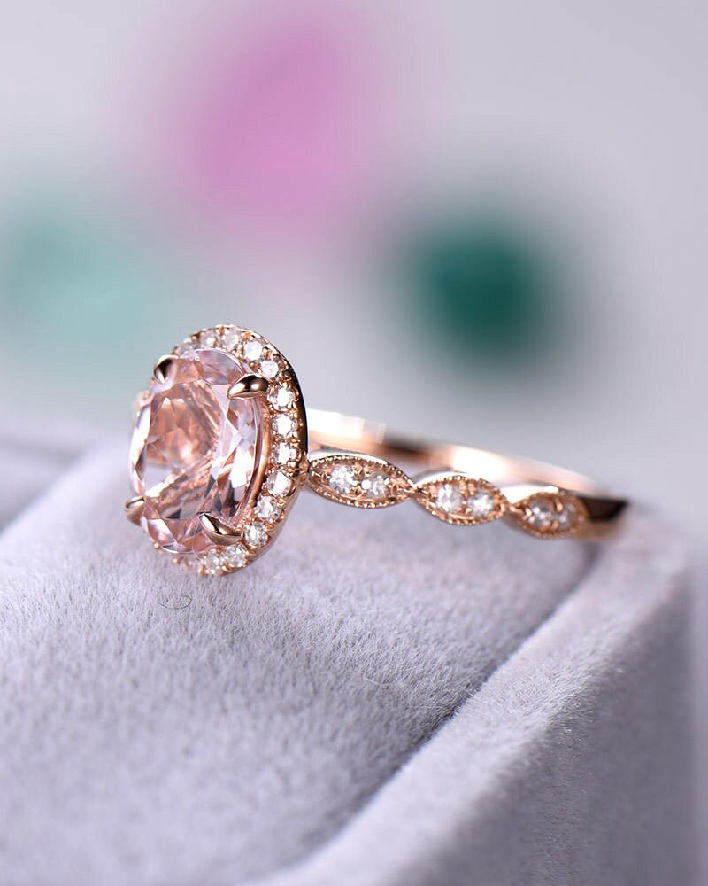 Rose Gold Pink Morganite Engagement Ring CZ Diamond Halo | Etsy