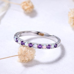 2mm Opal Amethyst Half Eternity Ring Band 14k White Gold Birthstone Wedding Stackable Ring Gemstone Bridal Stacking Ring Anniversary Gift