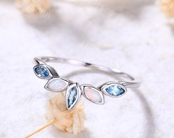 Opal Wedding Ring Marquise Opal Wedding Band Blue Topaz Ring Band Curved Wedding Band Vintage Ring Stacking Ring Unique Ring Sterling Silver