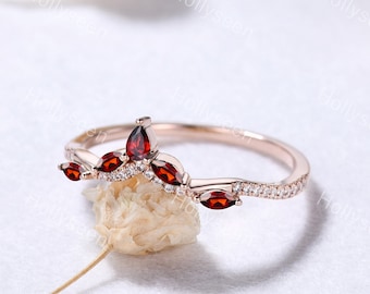 Vintage Garnet Curved Wedding Ring Band 14k Rose Gold Moissanite Engagement Ring Marquise Red Stone Bridal Stackable Ring Sterling Silver
