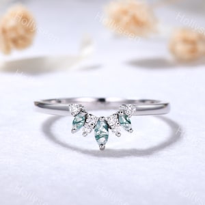 Moss Agate Wedding Band Moissanite Wedding Ring White Gold Engagement Ring Stacking Ring Curved Wedding Band Sterling Silver Dainty Ring