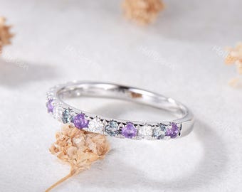 2mm Alexandrite Amethyst Moissanite Wedding Band Silver White Gold Half Eternity Stack Ring February June Birthstone Pave Stacking Ring