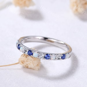 2mm Opal Sapphire Moissanite Wedding Ring Band Sterling Silver White Gold Ring Half Eternity Stacking Ring Blue Gemstone Stackable Ring
