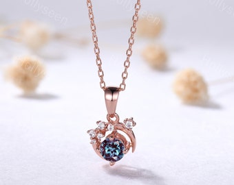 Vintage Alexandrite Rose Gold Pendant Art Deco Moissanite Necklace Unique Moon Necklace Dainty Women Bridal Gift Anniversary Gift for Her