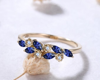 Marquise Sapphire Moonstone Floral Gold Ring Nature Inspired Rose Flower Cluster Stones Ring Blue Gemstones Promise Anniversary Gift for Her