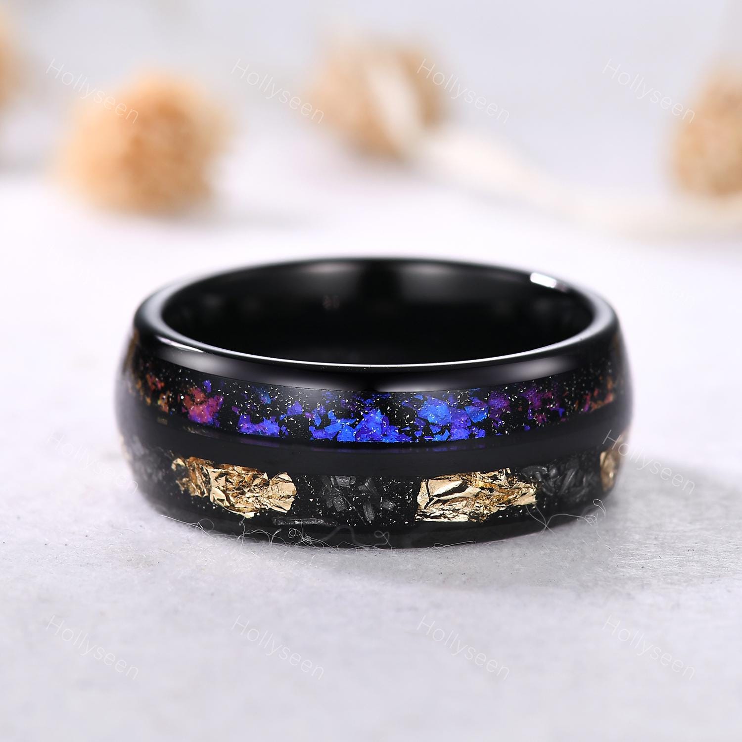 Unique Black Tungsten Nebula Mens Ring Blue Purple Orion Ring
