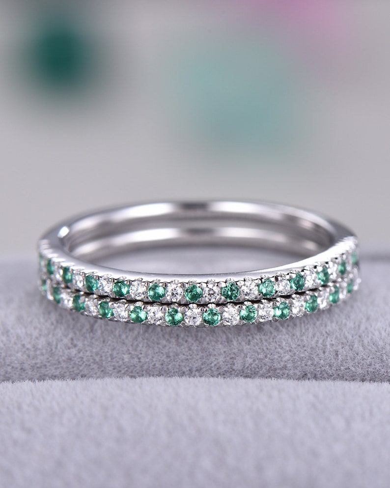 Lab Created Emerald CZ Diamond Wedding Band Set Engagement Etsy