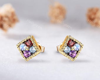 Dainty 4 Family Birthstone Square Stud Earrings Gold Minimalist 4 Gemstones Earrings Personalized Multi Stones Earrings Rainbow Earrings