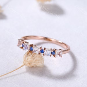 Blue Moonstone Sapphire Wedding Band Ring 14k Rose Gold Dainty Princess Cut Gemstone Stacking Ring Simple Birthstone Bridal Stackable Band
