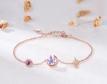 Star Shape Cut Lavender Amethyst Celestial Bracelet Rose Gold Sun Moon Purple Stones Adjustable Bracelet February Galaxy Cosmic Bracelet