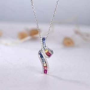 Unique Natural Sapphire Rainbow Pendant Solid 14k White Gold Dainty Colorful Necklace Art Deco Multicolor Gemstone Pendant Gift for Women