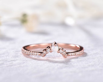 Opal Wedding Band Rose Gold Moissanite Wedding Band Curved Wedding Band Dainty Opal Ring Vintage Opal Ring Sterling Silver Moissanite Ring