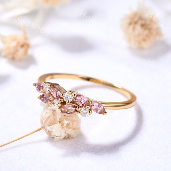 Vintage Pink Tourmaline Moissanite Ring Cluster Gemstone Ring Marquise October Birthstone Ring Antique Leaf Art Deco Ring for Women