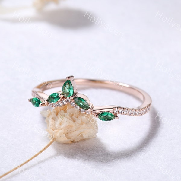 Vintage Emerald Curved Wedding Ring Band 14k Rose Gold Moissanite Engagement Ring Marquise Green Stone Bridal Stackable Ring Sterling Silver