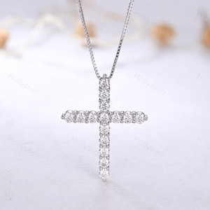 Sterling Silver Cross Necklace Dainty Moissanite White Gold Cross Pendant Minimalist Necklace Christian Gift Christmas Gift for Women Men