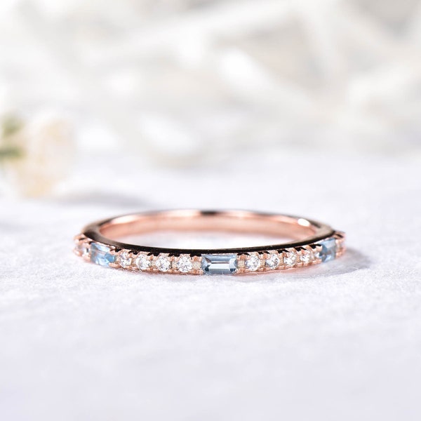 Baguette Cut Blue Topaz Moissanite Wedding Band Silver Rose Gold Ring Thin Stackable Ring Blue Stone Stacking Ring November Birthstone Ring