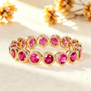 Minimalist Ruby Eternity Wedding Band Solid Yellow Gold Ruby Bezel Stackable Ring Simple Red Stones Stacking Ring July Birthstone Band