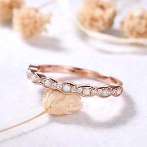 Opal Moissanite Rose Gold Wedding Band Dainty White Opal Stacking Ring October Birthstone Stackable Ring Opal Matching Ring Promise Ring