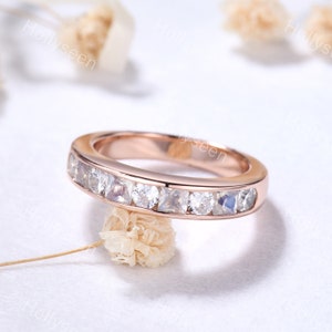 Moissanite Moonstone Inlay Wedding Ring Band 14k Rose Gold Vintage Princess Cut June Birthstone Bridal Ring Silver Stacking Ring for Women