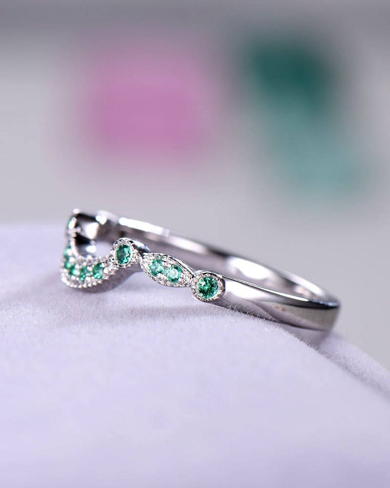 Green CZ Cubic Zirconia Diamond Wedding Band 925 Sterling Silver 14k White Gold Curved Engagement Ring U Shape Stacking Anniversary Gift