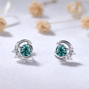 Dainty Green Moissanite White Gold Stud Earrings Silver Moissanite Moon Earrings Delicate Engagement Promise Gift Anniversary Jewelry Women