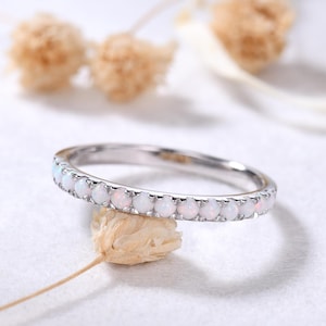 2mm Opal Wedding Band White Gold Fire Opal Stacking Ring Half Eternity Opal Stack Ring Minimalist Opal Matching Ring October Birthstone Ring