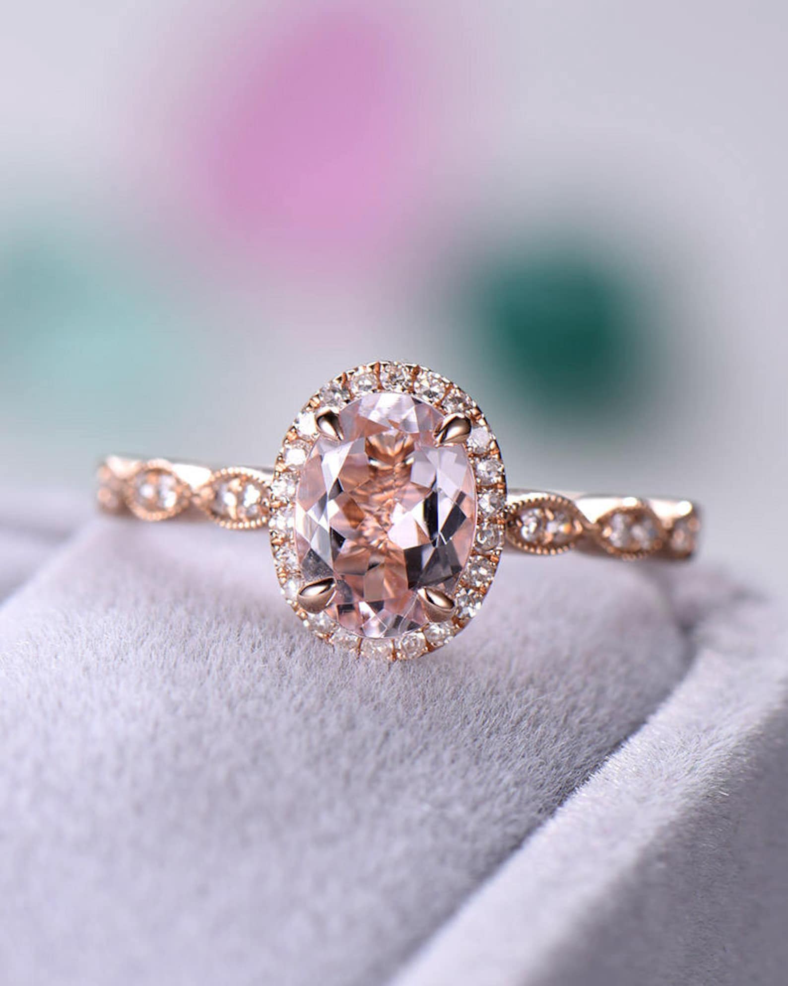 Rose Gold Pink Engagement Ring CZ Diamond Halo Etsy