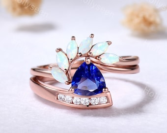 Vintage Trilliant Cut Blue Sapphire Engagement Ring Set Marquise White Opal Stacking Ring Diamond Bridal Set Unique Promise Ring for Women