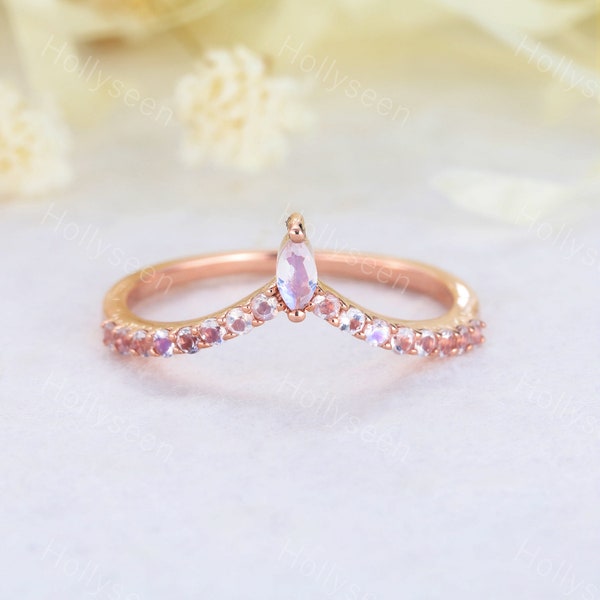 Rainbow Moonstone Wedding Band Natural Rose Gold Stackable Ring Curved Chevron Engagement Ring Matching Stacking Band Women Bridal Statement