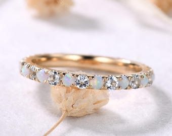 2mm Opal Aquamarine Yellow Gold Wedding Band Full Eternity March Birthstone Stacking Ring Dainty Gemstone Stackable Ring Promise Ring