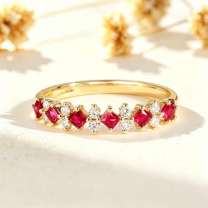 Dainty Ruby Moissanite Solid Gold Wedding Band Princess Cut July Birthstone Stack Ring Minimalist Red Gemstone Stackable Ring Gift for Her