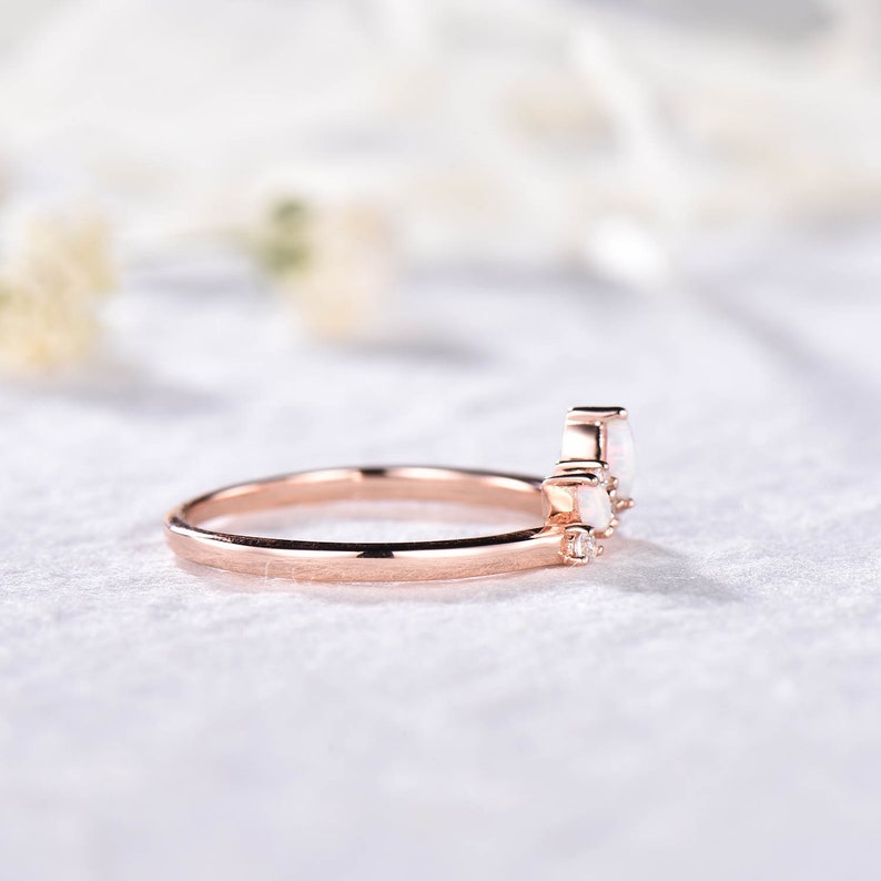 Fire Opal Wedding Band Moissanite Wedding Ring Rose Gold Engagement Ring Stacking Ring Curved Wedding Band Sterling Silver Dainty Ring Band image 3