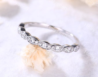 Moissanite Wedding Band Silver White Gold Moissanite Stacking Ring Half Eternity Stackable Ring Bridal Matching Ring Anniversary Ring Women