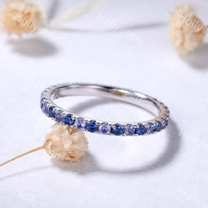 Full Eternity 2mm Tanzanite Sapphire Wedding Ring Band Silver White Gold Blue Gemstone Stacking Ring Women Promise Anniversary Gift for Her