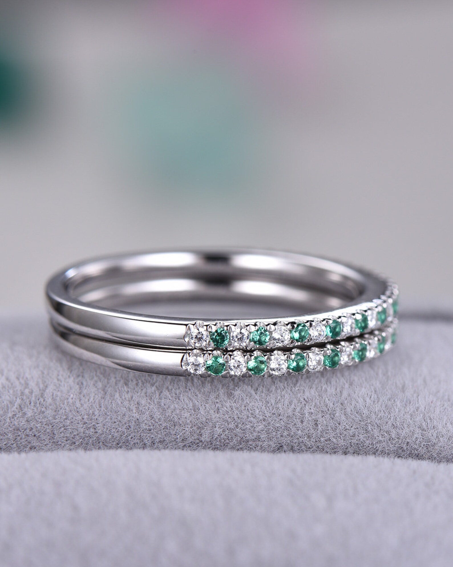 Lab Created Emerald CZ Diamond Wedding Band Set Engagement Etsy