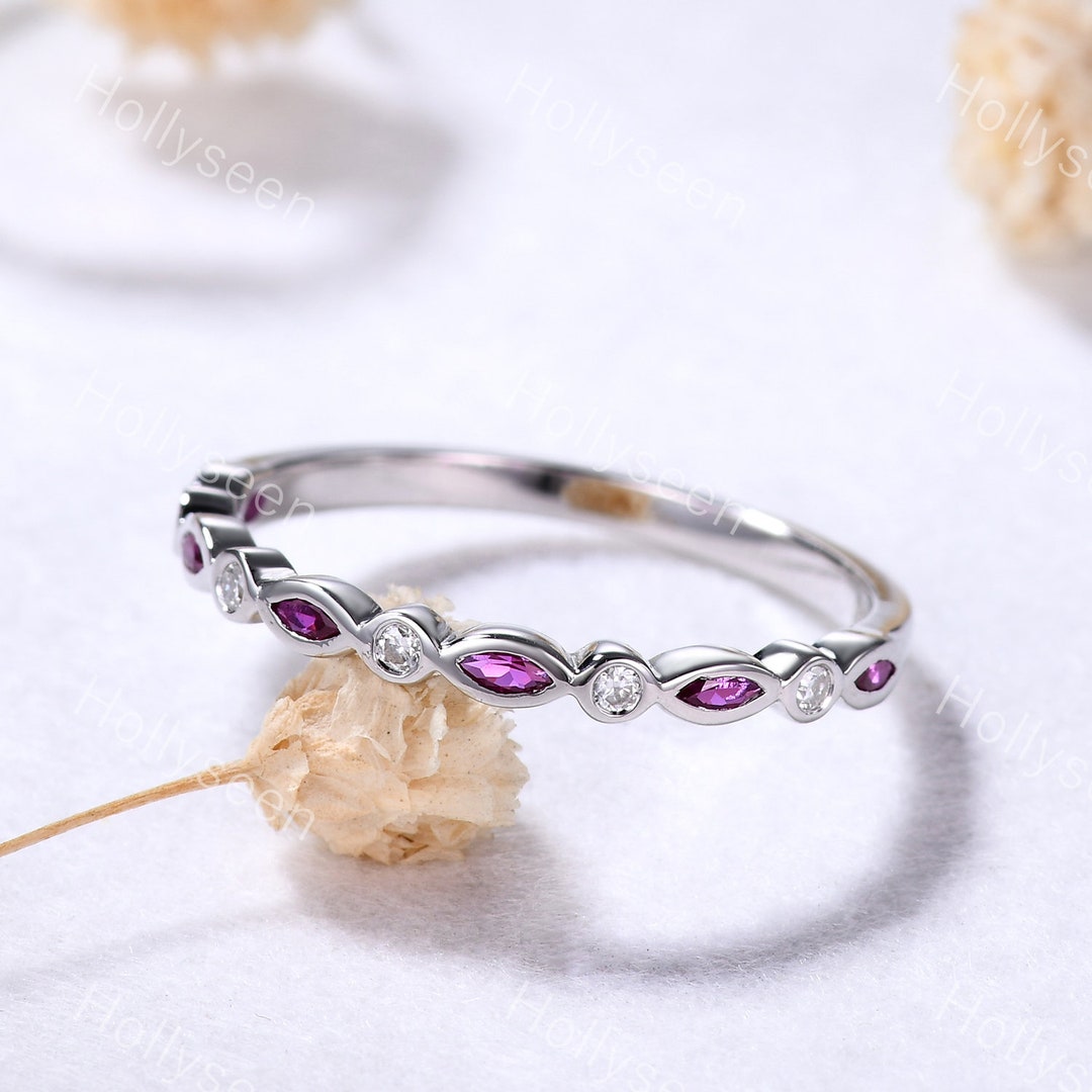 Marquise Pink Tourmaline Bezel Wedding Ring Band Silver