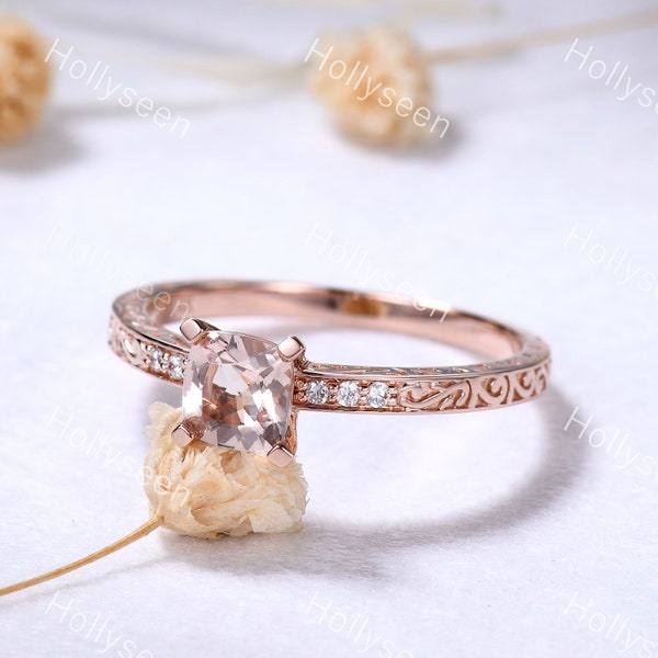 Art Deco Cushion Cut Morganite Engagement Ring 14k Rose Gold Vintage Filigree Solitaire Ring Retro Promise Ring Anniversary Ring for Women