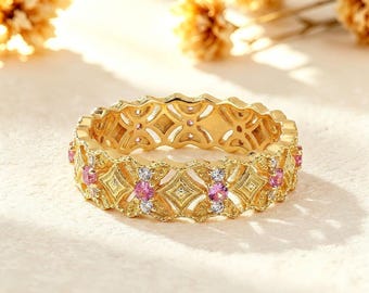 Vintage Pink Tourmaline Gold Wedding Band Filigree Full Eternity Stackable Ring Antique Infinity Ring Art Deco Pink Stones Stacking Ring