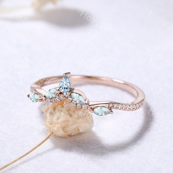 Vintage Aquamarine Curved Wedding Ring Band 14k Rose Gold Moissanite Engagement Ring Marquise Blue Stone Bridal Stackable Ring Silver