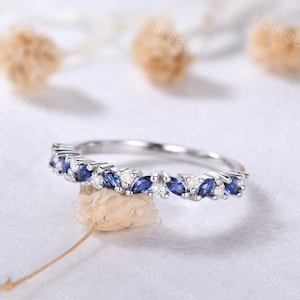 Marquise Sapphire Moissanite White Gold Wedding Ring Silver Blue Gemstone Engagement Stacking Ring Vintage Birthstone Matching Band Women