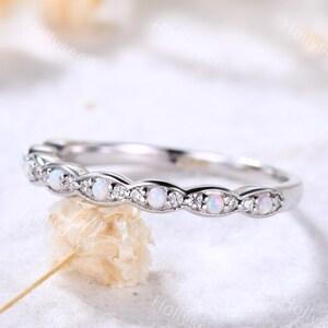 Fire Opal Wedding Band Moissanite Wedding Ring White Gold Eternity Ring Dainty Wedding Band Viking Ring Vintage Ring Stacking Ring for Women
