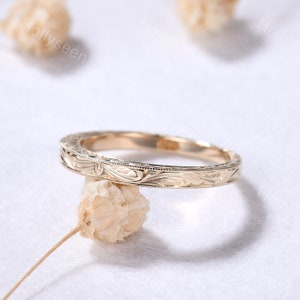 Art Deco Vintage 14k Yellow Gold Wedding Ring Band Unique Filigree Plain Gold Stacking Ring Retro Engagement Bridal Matching Band Women