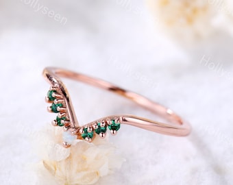 Curve Opal Emerald Rose Gold Wedding Band Chevron Engagement Ring Silver 14k V Shape Engagement Ring Bridal Statement Stackable Ring