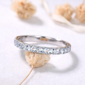 2mm Aquamarine White Gold Wedding Band Sterling Silver Aquamarine Stacking Ring March Birthstone Stackable Ring Blue Gemstone Stack Ring