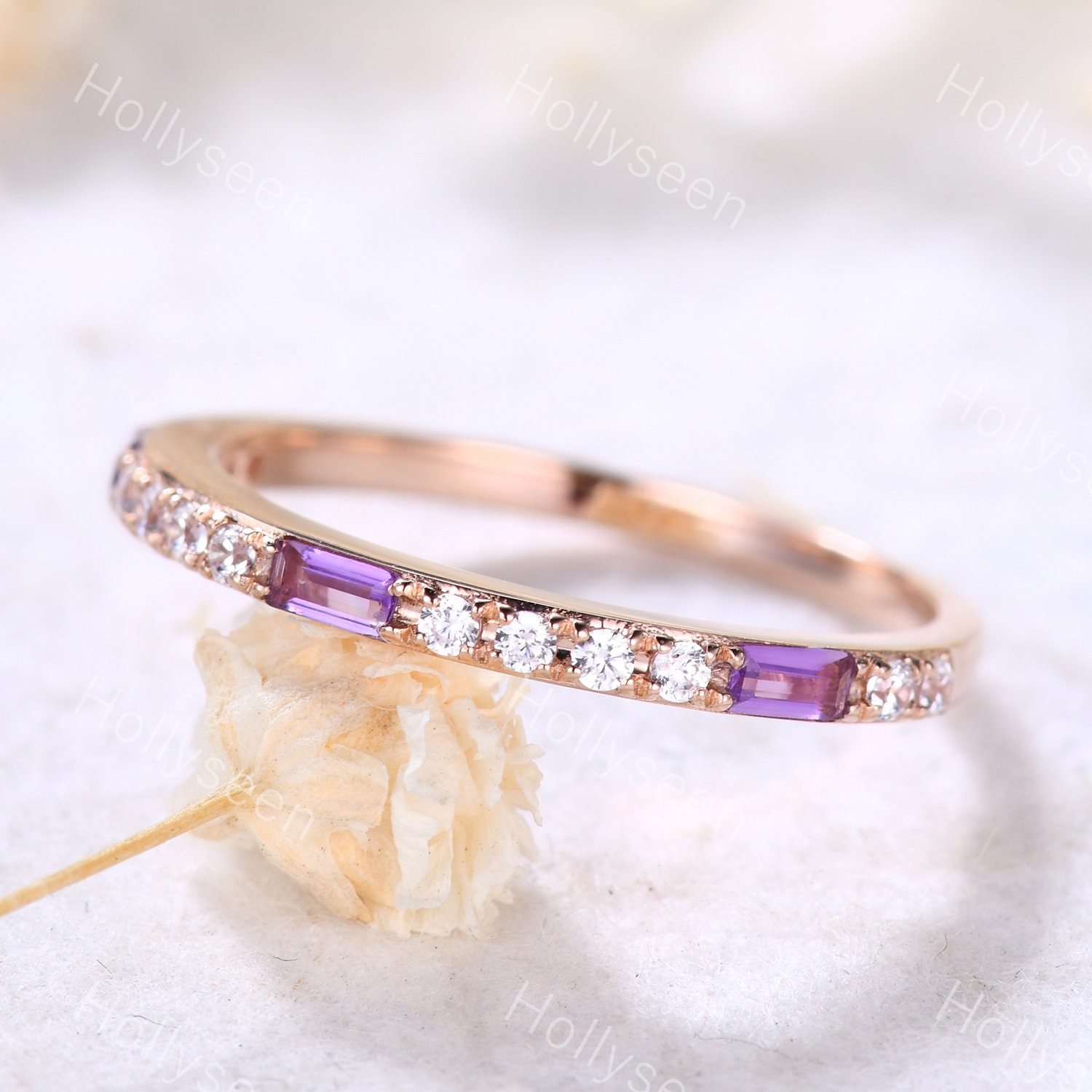 Amethyst Three Stone Stackable 925 Sterling Silver Women Wedding Gift Band Ring 