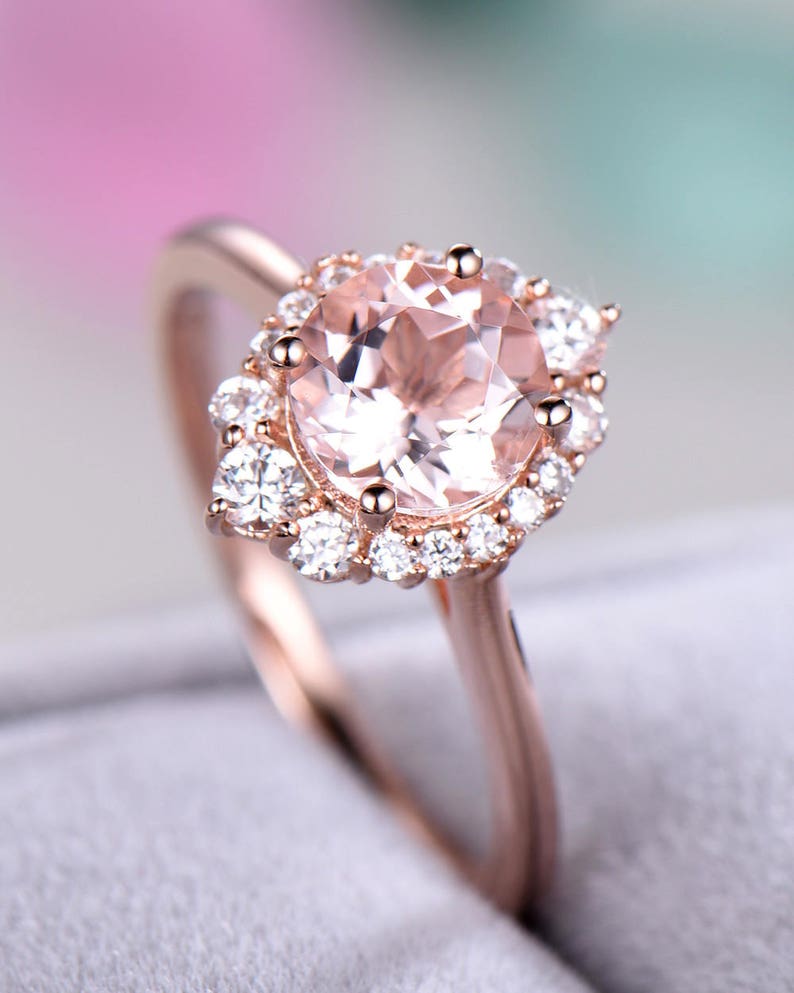 Morganite Halo Engagement Ring 14k Rose Gold 925 Sterling Silver CZ Cubic Zirconia Diamond Wedding Rings Bridal Women Anniversary Gift Plain image 2