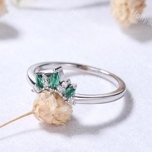 Emerald Diamond Wedding Ring Band 14k White Gold Marquise Green Gemstone Stacking Ring Vintage Crown Matching Ring Women Stackable Ring