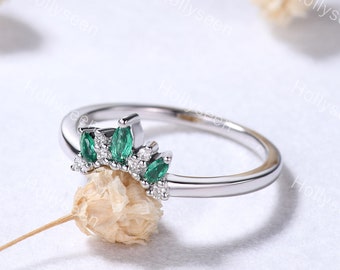 Emerald Diamond Wedding Ring Band 14k White Gold Marquise Green Gemstone Stacking Ring Vintage Crown Matching Ring Women Stackable Ring